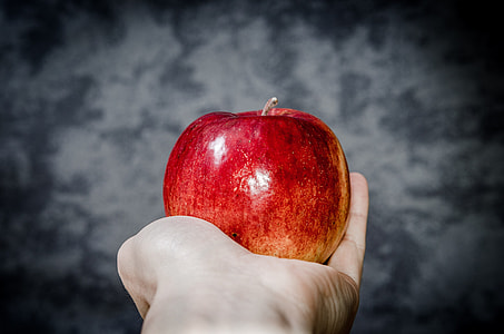 red apple on person's palm with gray background thumbnail