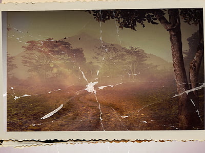 mountains near trees photo on white surface thumbnail