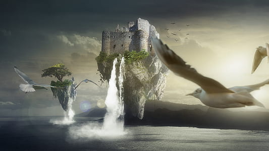 birds flying towards to floating castle thumbnail