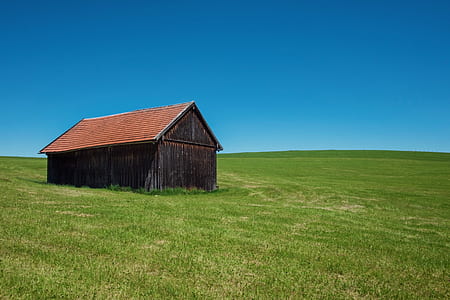 brown shed in the middle of green field thumbnail