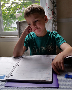 boy wearing green shirt sitting in front of table and spiral notebook thumbnail