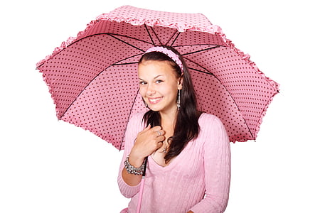 woman wearing pink scoop-neck sweater using umbrella thumbnail