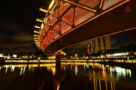 Modern bridge on a river at night thumbnail