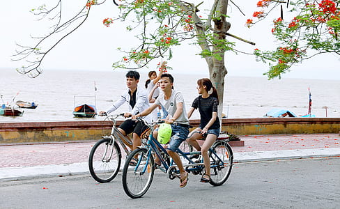 Two Boys and One Girl Riding Bicycles on Road Beside Body of Water thumbnail