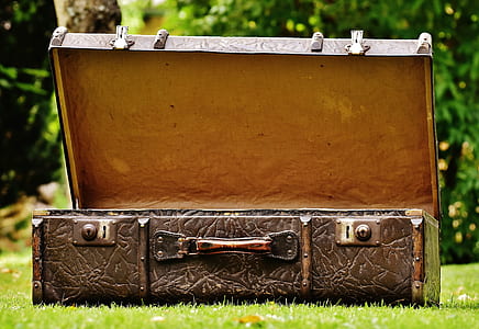 open brown leather suitcase on grass thumbnail