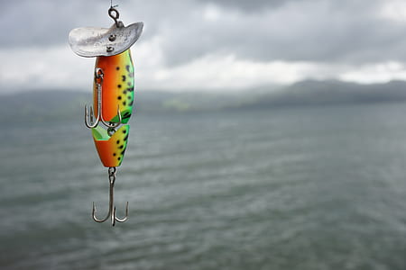 shallow focus photography of orange and green fishing lure thumbnail