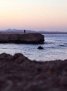 person standing on brown rock cliff near body of water at daytime thumbnail