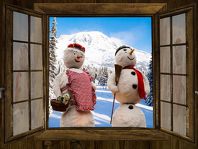 two snowman standing in front of open window thumbnail