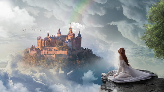 woman sitting on cliff while looking at the castle wallpaper thumbnail