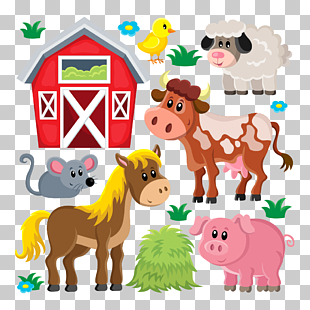Domestic pig Livestock Sheep Farm , farm animals, illustration of animals and red barn PNG clipart