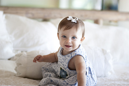 girl in blue and white sleeveless floral dress thumbnail