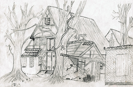 close-up photo of sketch of house and bare tree thumbnail