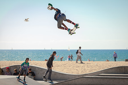 people playing skateboards near body of water during daytime thumbnail