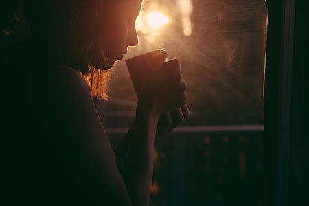 girl, drinking, tea, coffee cup, sunset, sad woman thumbnail