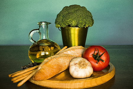 onion, tomato and bottle of oil thumbnail