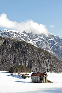 grey wooden cabin near mountain thumbnail
