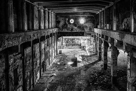 grayscale photography of abandoned building thumbnail