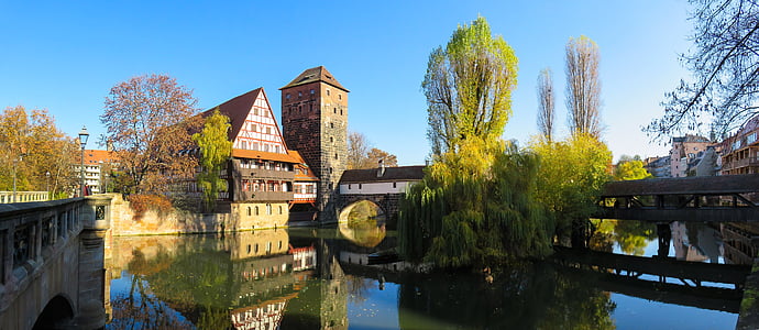 river near trees and houses under blue sky thumbnail