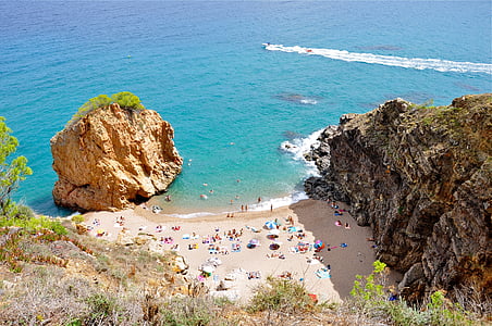 bird's-eye view of people beside body of water thumbnail
