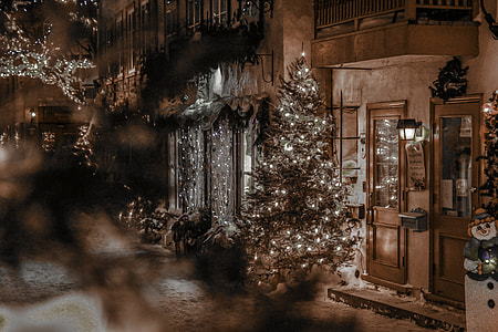 Christmass tree with white lights beside brown concrete buildings thumbnail