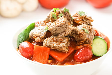 cooked meat stew on white ceramic bowl thumbnail