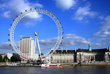 white Ferris wheel near city near lake thumbnail