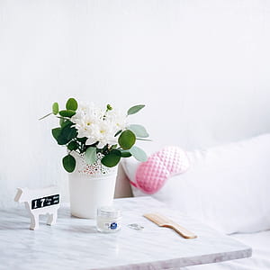 white petaled flowers in white basket near wooden comb thumbnail
