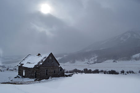 photo of brown wooden house covered with snow thumbnail