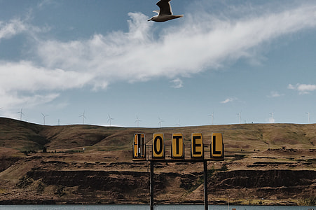 hotel signage beside body of water under blue and white sky thumbnail