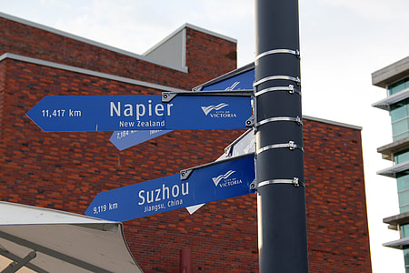 Street sign of sister cities in Victoria, British Columbia, Canada thumbnail