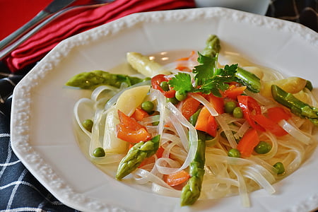 vegetable pasta dish in white plate thumbnail