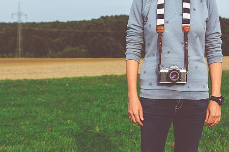 man in gray sweatshirt with black and gray camera thumbnail