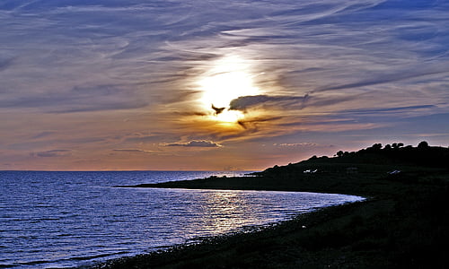 silhouette of island near shoreline during golden hour thumbnail