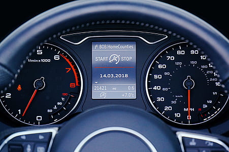 white and black vehicle instrument panel cluster displaying BOB Home Counties start stop indicator thumbnail