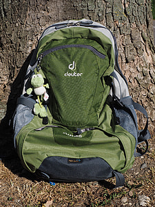 green and grey Deuter backpack beside grey tree trunk thumbnail