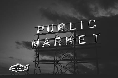 grayscale photo Public Market billboard thumbnail