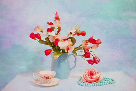 red and white flowers in green vase near white teacup still life painting thumbnail