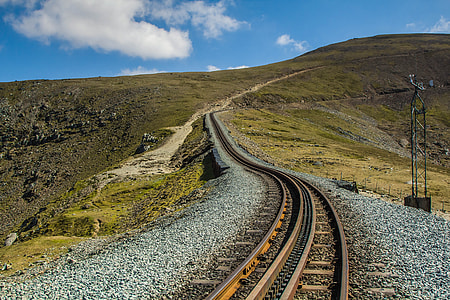 brown steel railroad between mountains thumbnail