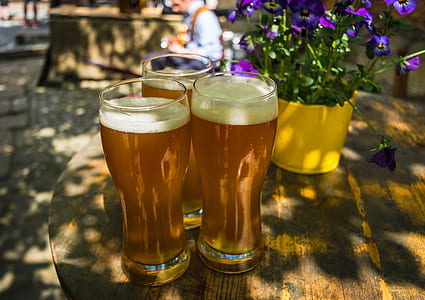 three clear hurricane drinking glasses on table thumbnail
