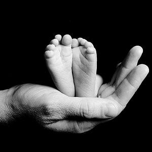 greyscale photo of child's feet on person's hand thumbnail