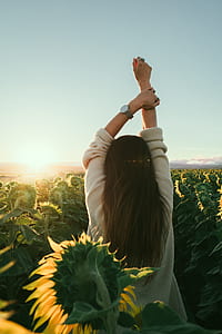 woman standing on sunflower field during daytime thumbnail