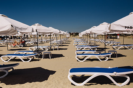 Umbrellas and lounge chairs on Sunny Beach, Bulgaria thumbnail