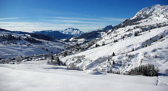 snow covered mountains and pine trees at daytime thumbnail