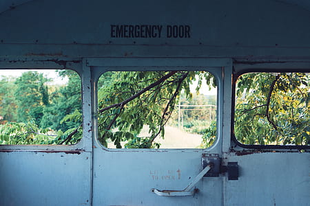closed emergency door near green leafed tree at daytime thumbnail