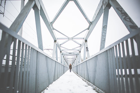 Girl Walking on Steel Bridge in Winter thumbnail