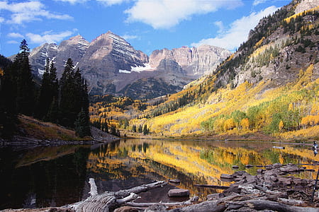 calm lake by mountains and trees at daytime thumbnail