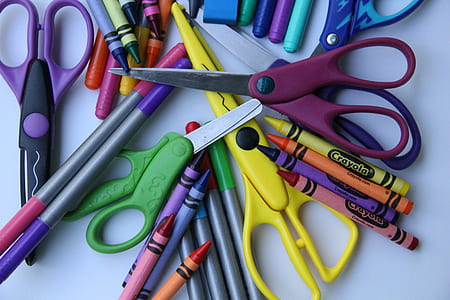 assorted-color scissors and Crayola crayons thumbnail