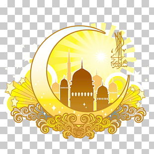 Eid al-Fitr Eid Mubarak Ramadan Greeting card Muslim, Yellow moon shaped Islamic religious designs, yellow crescent moon illustration PNG clipart