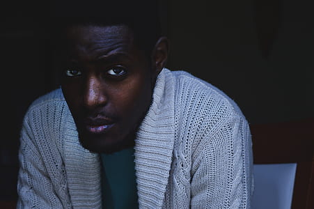 man wearing white knit cardigan thumbnail