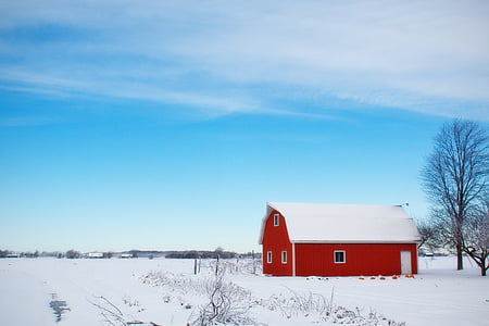 landscape photograph of red barn house during winter thumbnail